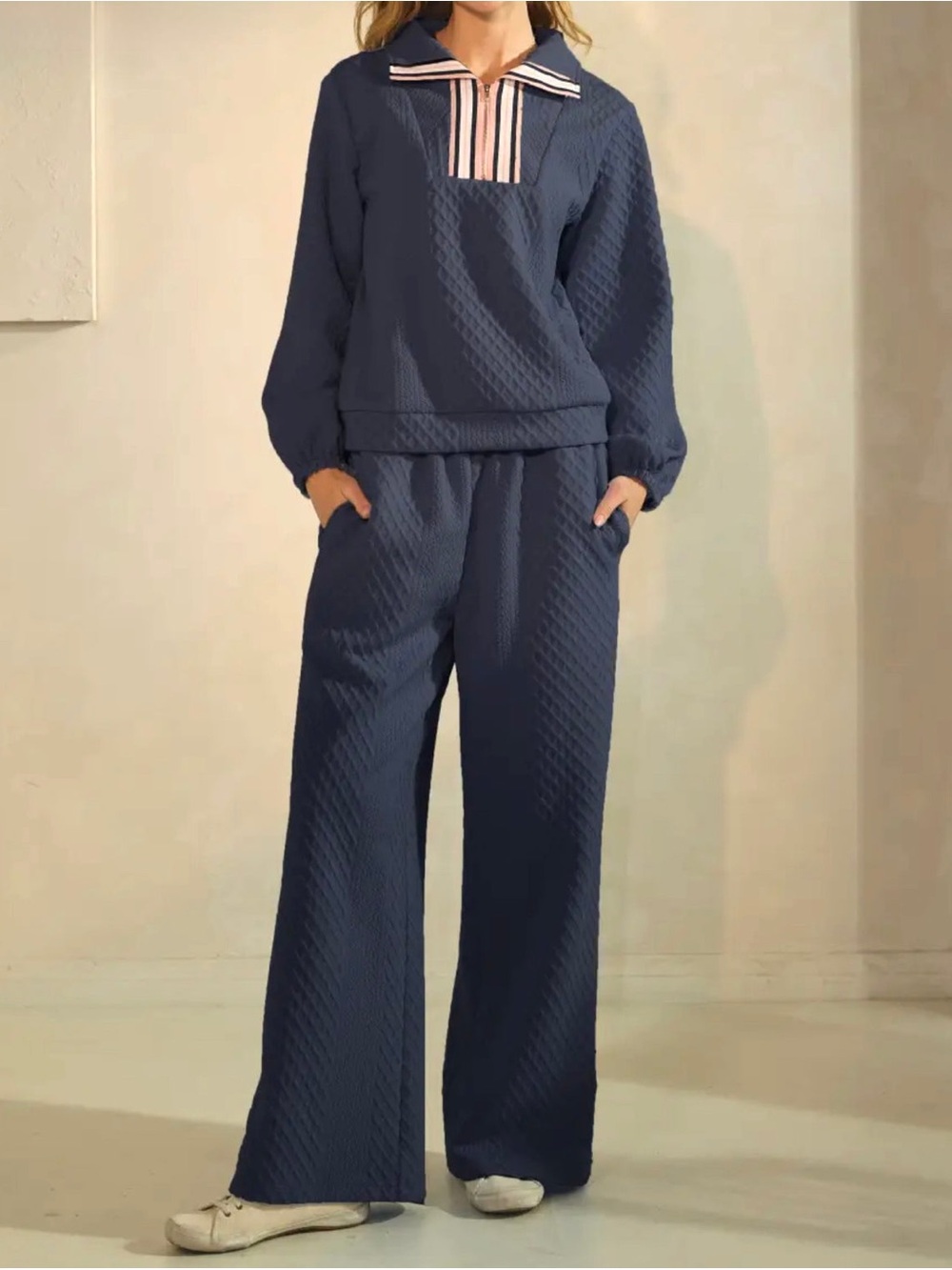 Oddy Textured Quarter-Zip Long Sleeve Pullover and Wide Leg Pants Lounge Set 3XL